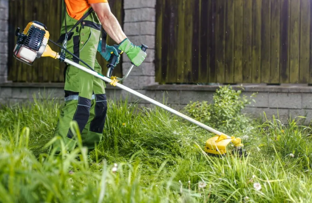 Débroussailleuse en action dans des herbes hautes