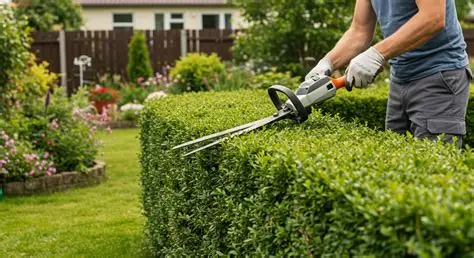 Taille de haie au taille-haie thermique dans un jardin
